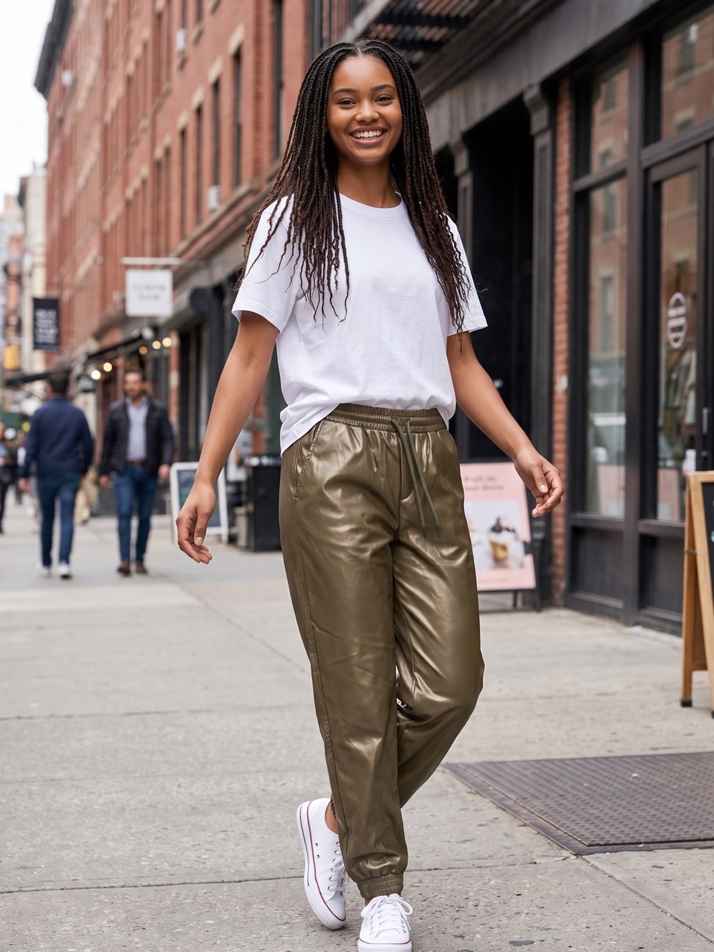 Olive Faux-Leather Jogger Pants for Women - Casual Track Style
